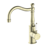 Load image into Gallery viewer, YORK BASIN MIXER HOOK SPOUT WITH WHITE PORCELAIN LEVER AGED BRASS