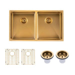 Load image into Gallery viewer, Round Corner Stainless Steel Brushed Brass PVD Coating Double Bowl Kitchen Sink(with Bottom Tray) 820*457*230mm