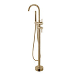 Load image into Gallery viewer, Round Brushed Brass Freestanding Bath Mixer With Handheld Shower