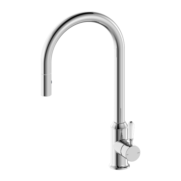 YORK PULL OUT SINK MIXER WITH VEGIE SPRAY FUNCTION WITH WHITE PORCELAIN LEVER CHROME