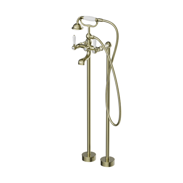 YORK FREESTANDING BATH MIXER WITH WHITE PORCELAIN HAND SHOWER AGED BRASS