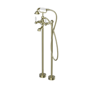 YORK FREESTANDING BATH MIXER WITH WHITE PORCELAIN HAND SHOWER AGED BRASS