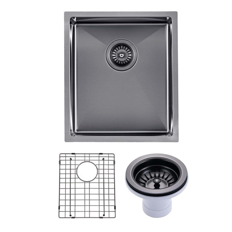 Round Corner Stainless Steel Gun Metal Grey PVD Coating Single Bowl Kitchen Sink(with Bottom Tray) 390*450*215mm
