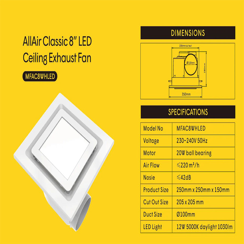 AllAir Classic 8" LED  SQUARE CEILING MOUNTED EXH
