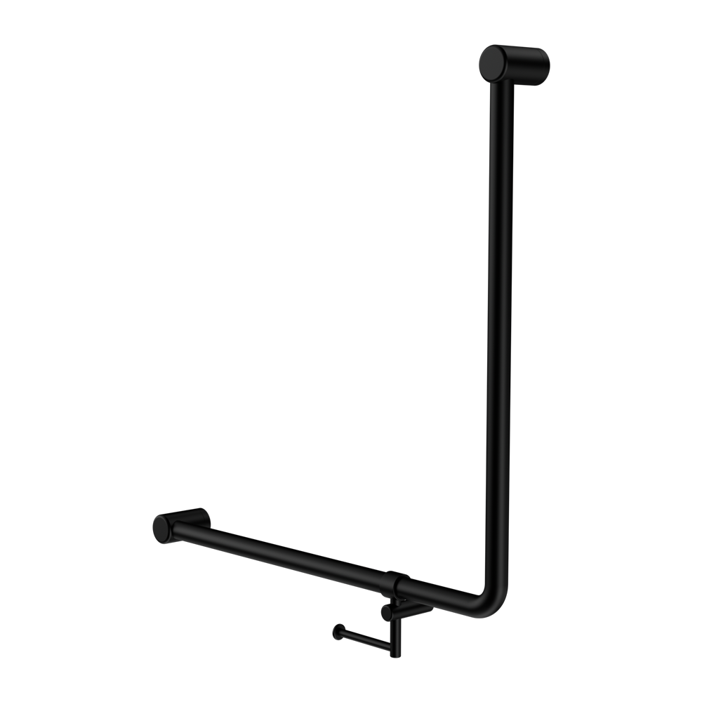 MECCA CARE 32MM 90 DEGREE BENT TUBE GRAB RAIL 750X750MM WITH TOILET ROLL HOLDER MATTE BLACK