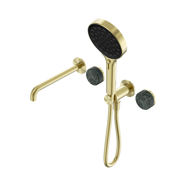 Serenity Progressive Shower System With Spout With Verde Alpi Handle And Serenity Hand Shower Brushed Gold