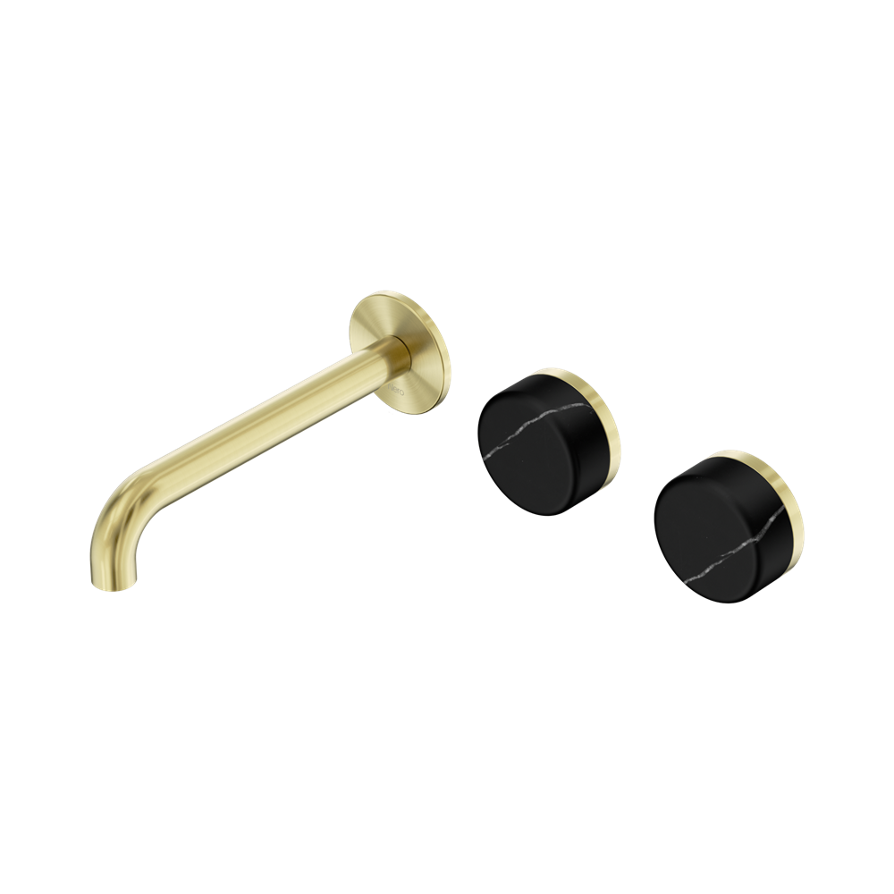 Serenity Wall Basin Set 160mm Offset Spout With Marquina Black Handle Brushed Gold
