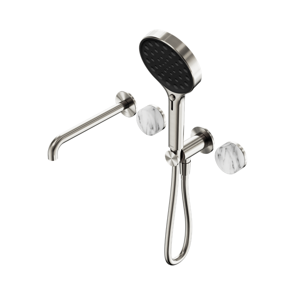 Serenity Progressive Shower System With Spout With Arabescato Corchia Handle And Serenity Hand Shower Brushed Nickel