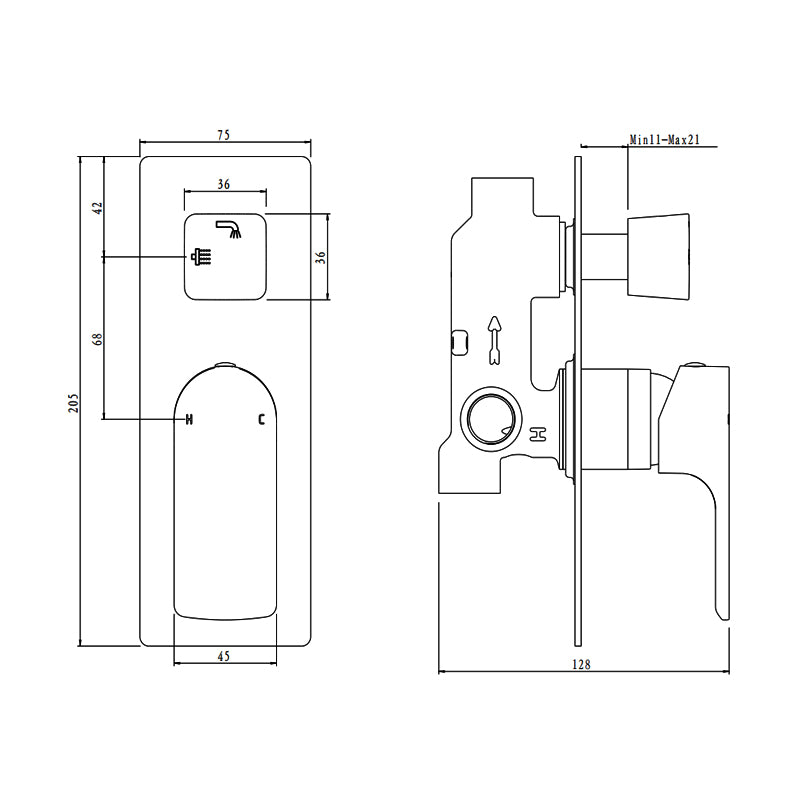 VOG Series Black Wall Mixer with Diverter(color up)