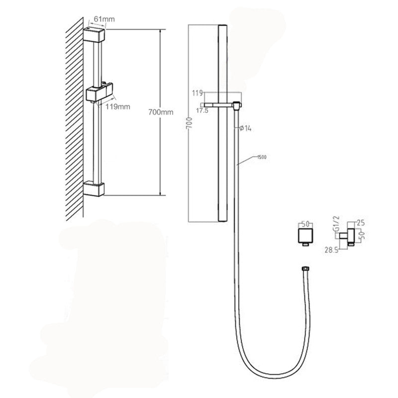 Square Chrome Hand Shower Rail without Handheld Shower(PVC Hose)