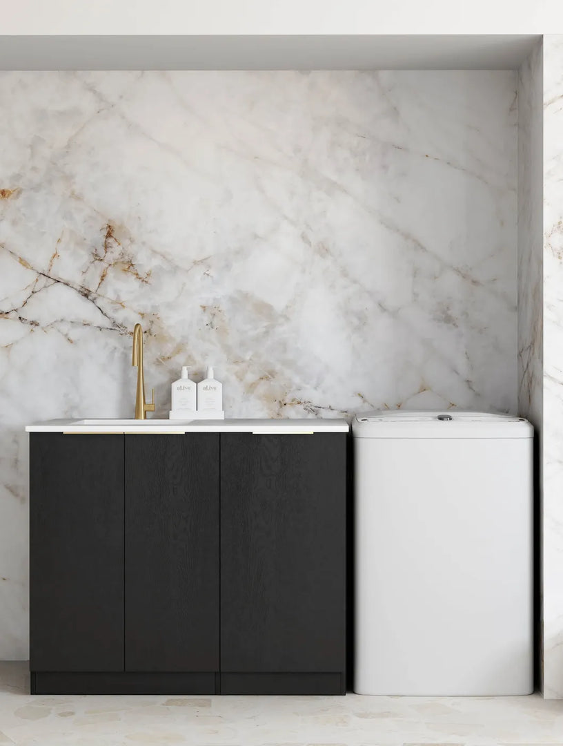 Byron/Bondi Black Oak Base Laundry Cabinet with 1060mm Cloudy Carrara Top