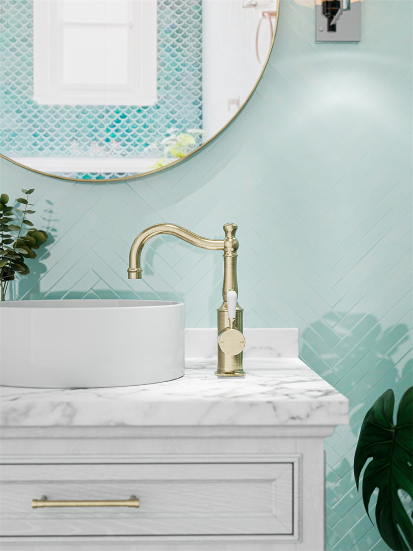 YORK BASIN MIXER HOOK SPOUT WITH WHITE PORCELAIN LEVER AGED BRASS