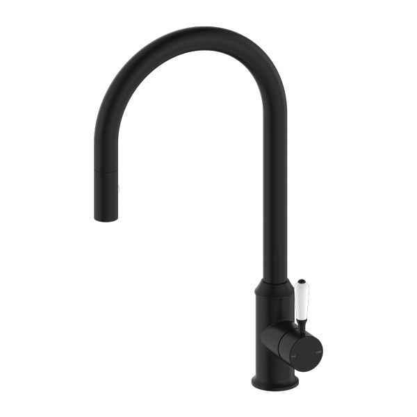 YORK PULL OUT SINK MIXER WITH VEGIE SPRAY FUNCTION WITH WHITE PORCELAIN LEVER MATTE BLACK