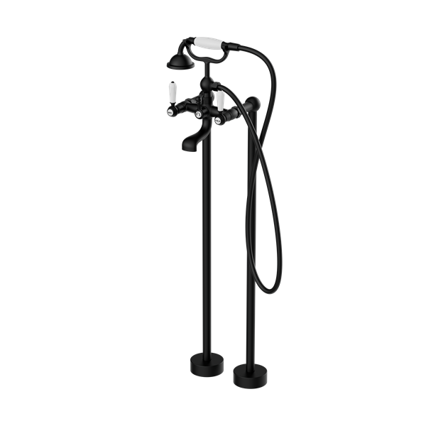 YORK FREESTANDING BATH MIXER WITH WHITE PORCELAIN HAND SHOWER MATTE BLACK
