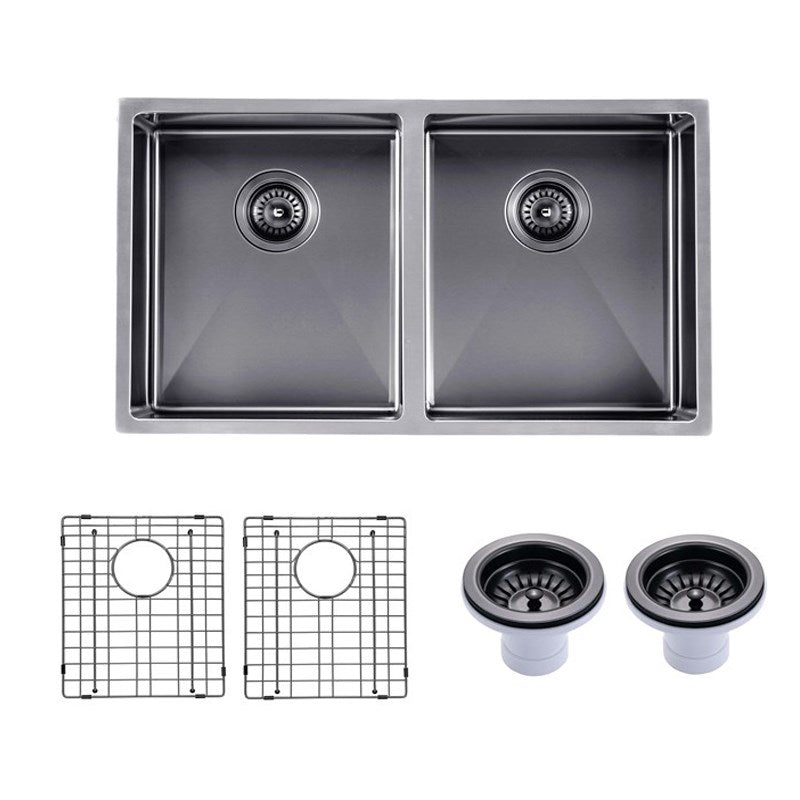 Round Corner Stainless Steel Gun Metal Grey PVD Coating Double Bowl Kitchen Sink(with Bottom Tray) 820*457*230mm