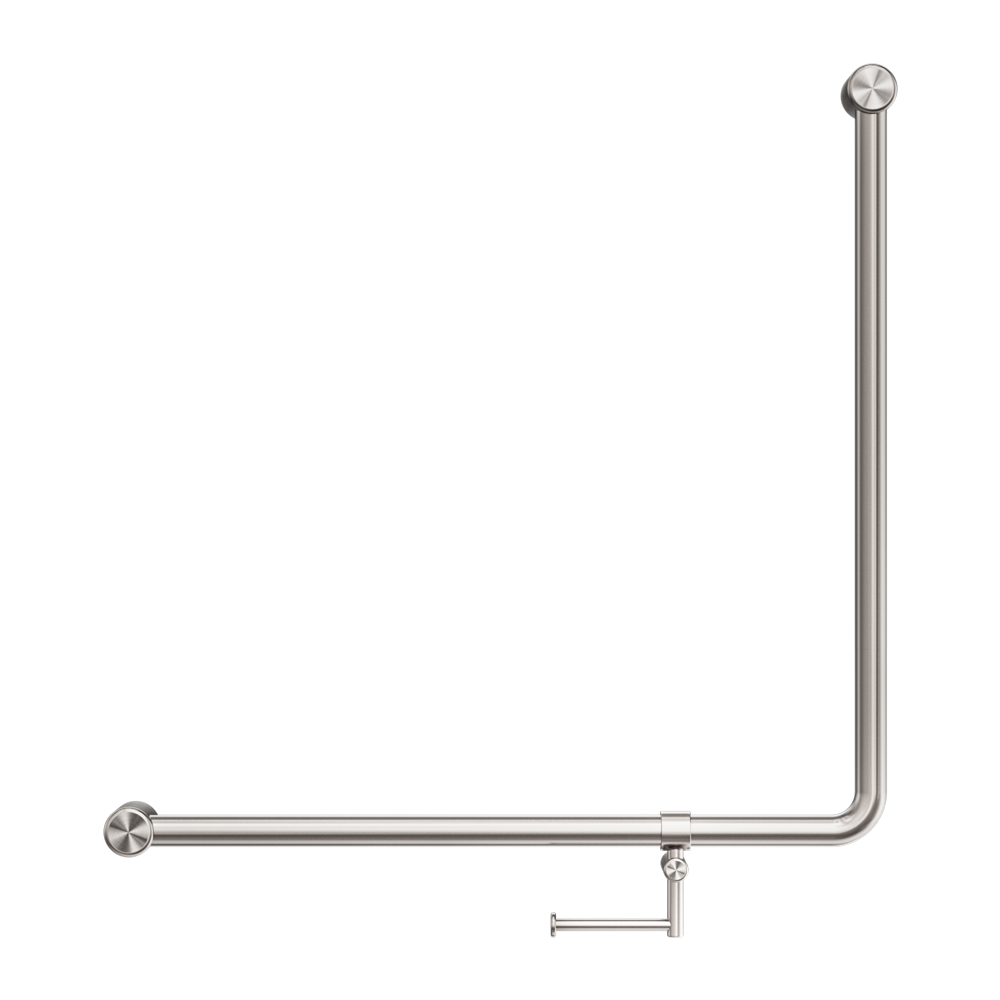 MECCA CARE 32MM 90 DEGREE BENT TUBE GRAB RAIL 750X750MM WITH TOILET ROLL HOLDER BRUSHED NICKEL