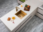 Load image into Gallery viewer, Round Corner Stainless Steel Brushed Brass PVD Coating Single Bowl Kitchen Sink(with Bottom Tray) 440*440*205mm

