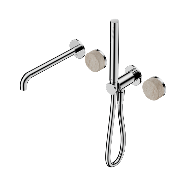 Serenity Progressive Shower System With Spout With Rome Travertine Handle And Slim Shower Chrome