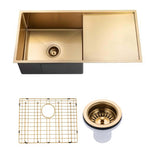 Load image into Gallery viewer, Round Corner Stainless Steel Brushed Brass PVD Coating Single Bowl with Drain Board Kitchen Sink(with Bottom Tray) 960*450*230mm
