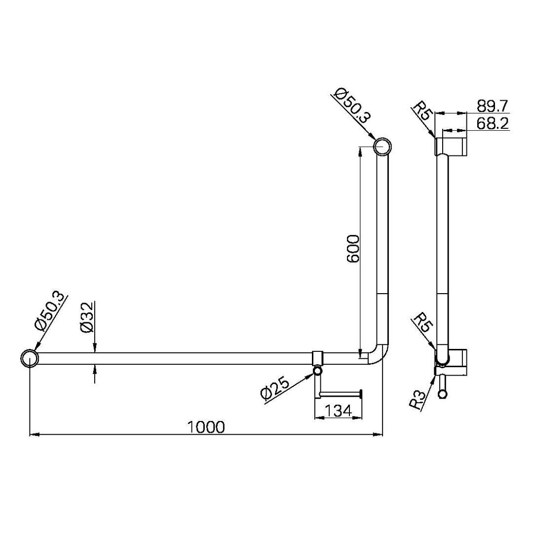 MECCA CARE 32MM DDA 90 DEGREE BENT TUBE GRAB RAIL 600X1000MM WITH TOILET ROLL HOLDER GUN METAL