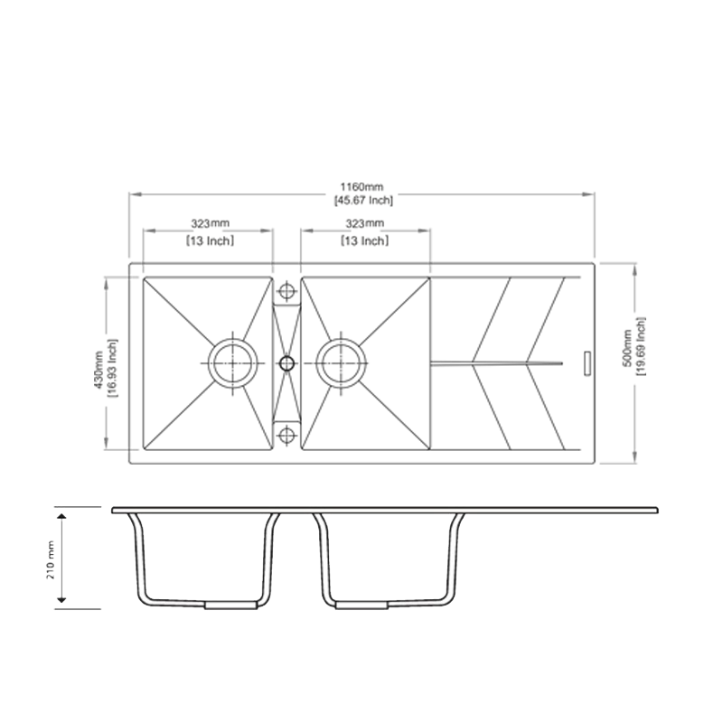 Concrete Grey Carysil Jazz D-200 Double Bowl with Drain Board Stone Kitchen Sink 1150*500mm