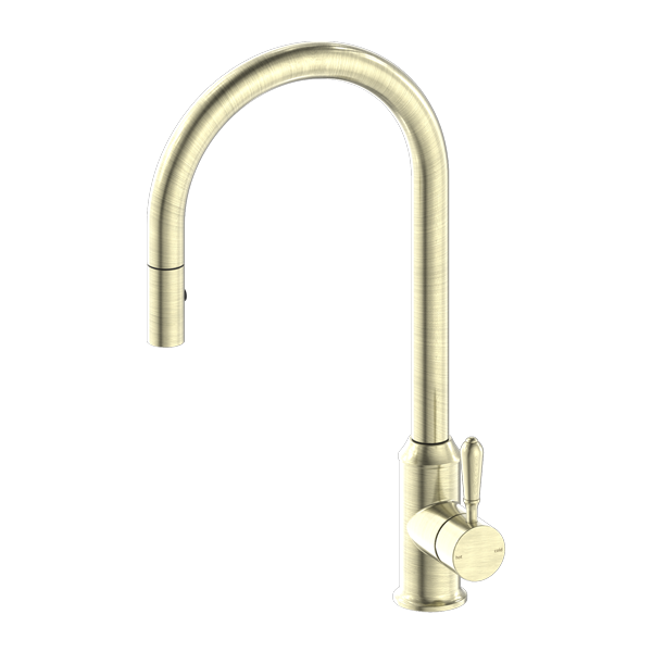 YORK PULL OUT SINK MIXER WITH VEGIE SPRAY FUNCTION WITH METAL LEVER AGED BRASS