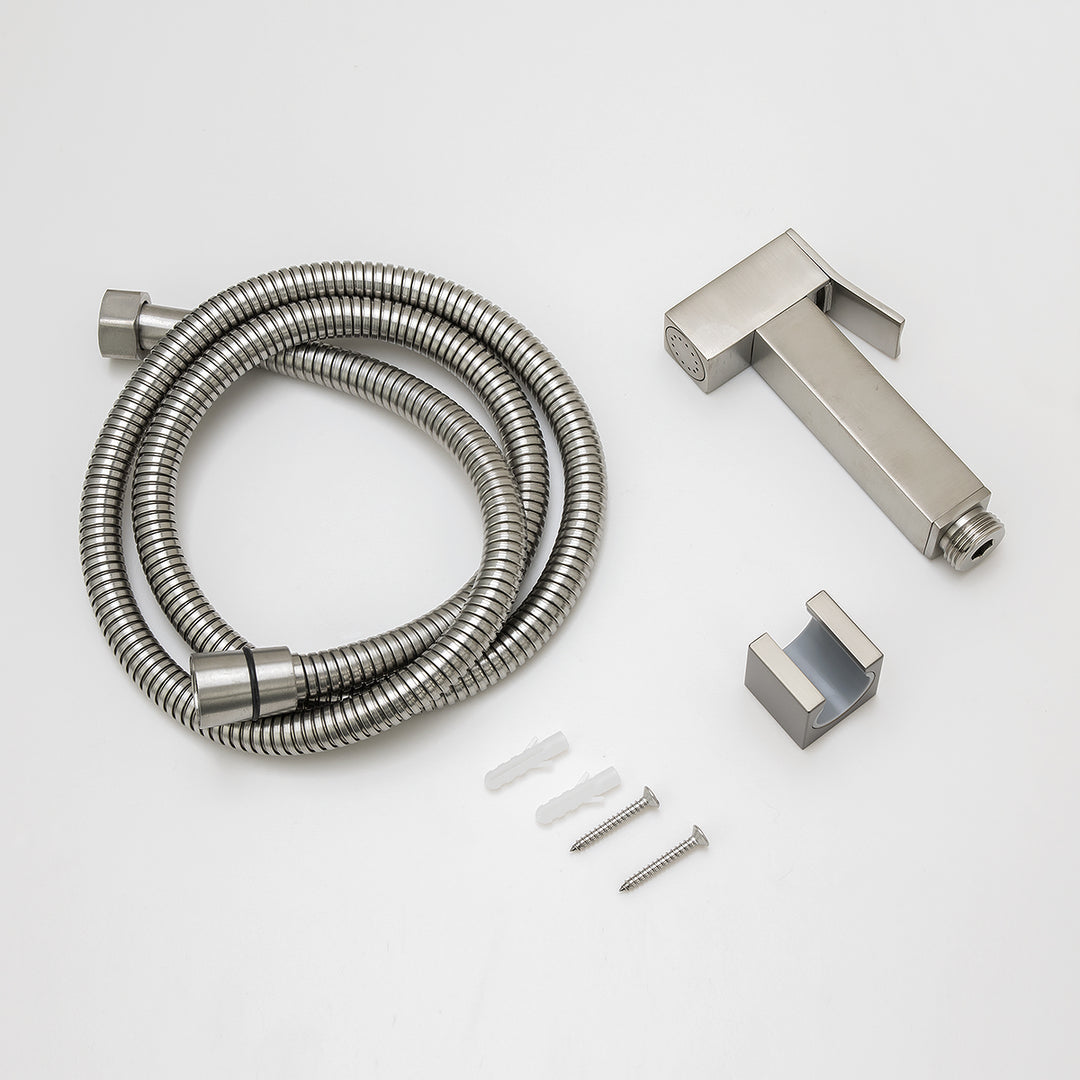 Square Brushed Nickel Brass Toilet Bidet Spray Kit with Stainless Steel Hose