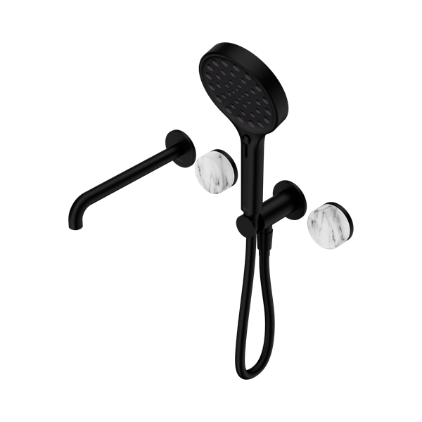 Serenity Progressive Shower System With Spout With Arabescato Corchia Handle And Serenity Hand Shower Matte Black