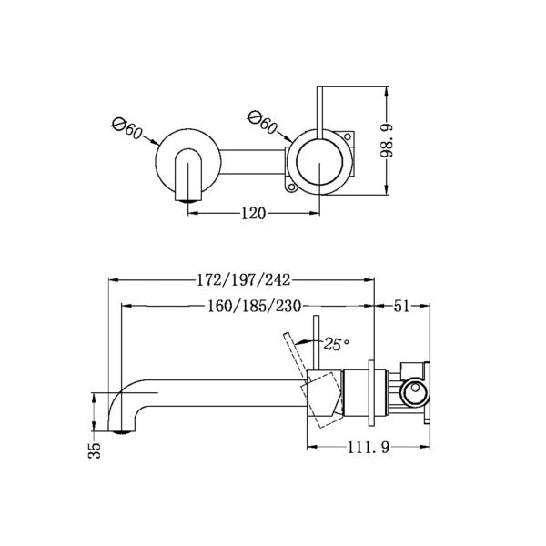 MECCA WALL BASIN/BATH MIXER HANDLE UP 185 MM BZ (SEPARATE BACK PLATE)