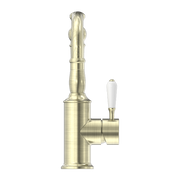 YORK BASIN MIXER HOOK SPOUT WITH WHITE PORCELAIN LEVER AGED BRASS