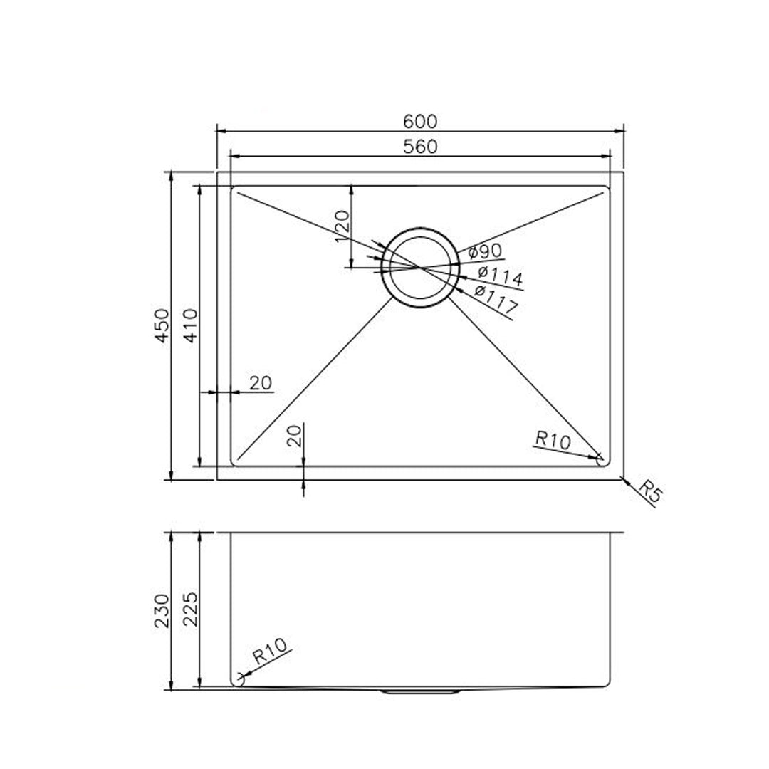Round Corner Stainless Steel Brushed Brass PVD Coating Single Bowl Kitchen Sink(with Bottom Tray) 600*450*230mm