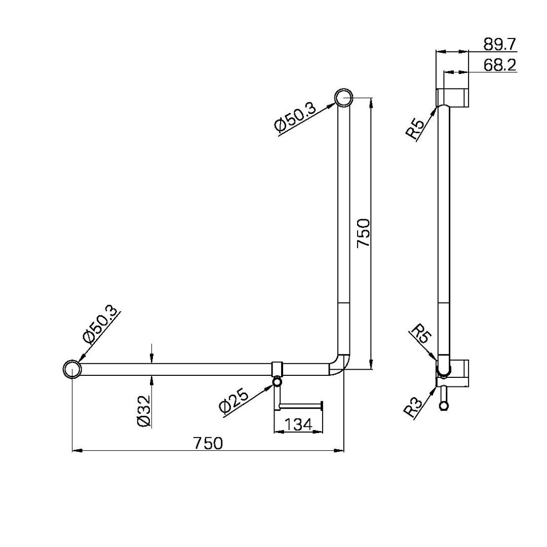 MECCA CARE 32MM 90 DEGREE BENT TUBE GRAB RAIL 750X750MM WITH TOILET ROLL HOLDER BRUSHED NICKEL