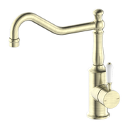 YORK KITCHEN MIXER HOOK SPOUT WITH WHITE PORCELAIN LEVER AGED BRASS