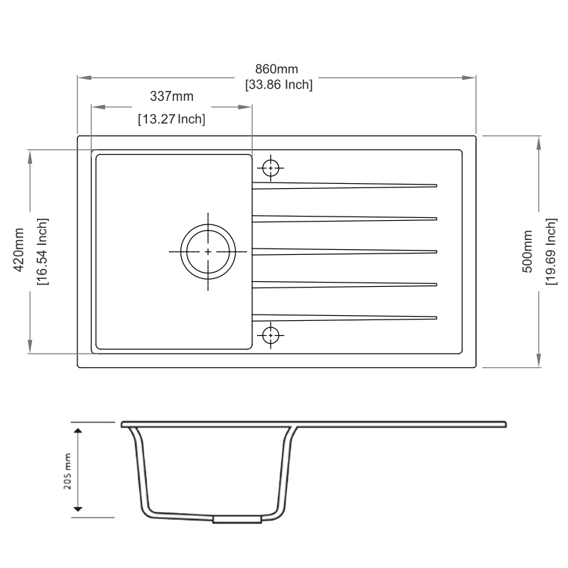 White Carysil Vivaldi D-100 Granite Single Bowl with Drain Board Stone Kitchen Sink 860*500mm