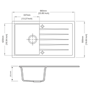White Carysil Vivaldi D-100 Granite Single Bowl with Drain Board Stone Kitchen Sink 860*500mm