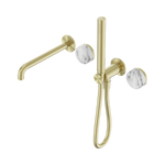 Load image into Gallery viewer, Serenity Progressive Shower System With Spout With Arabescato Corchia Handle And Slim Shower Brushed Gold
