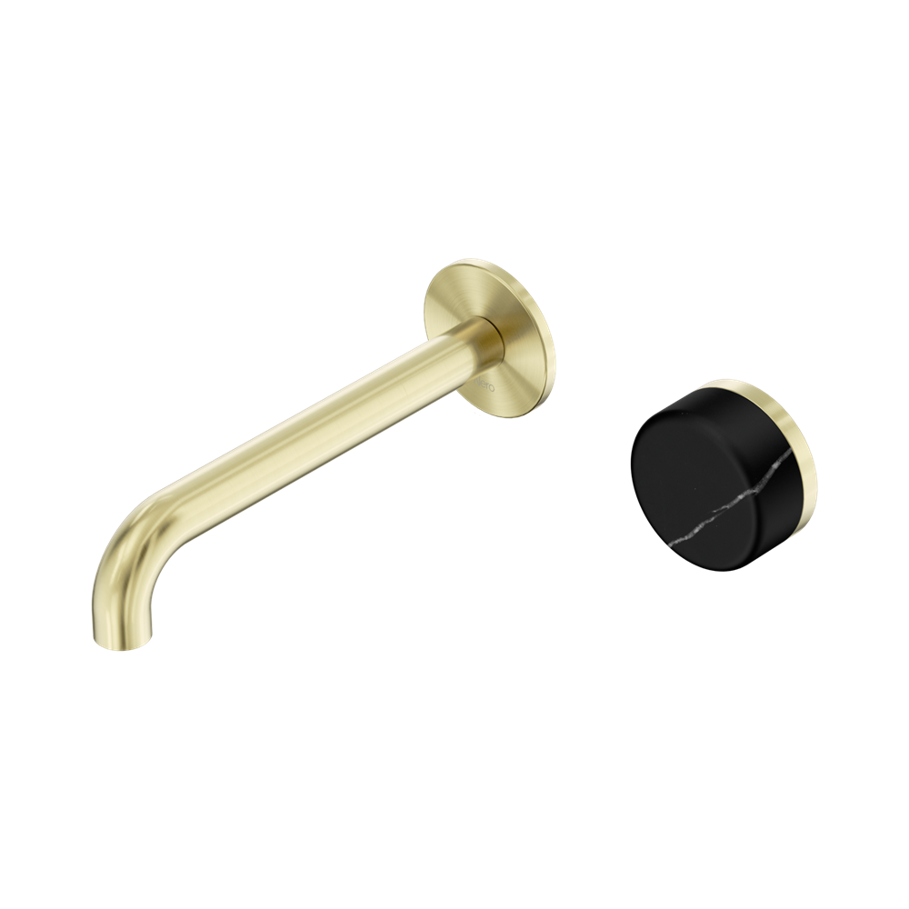 Serenity Progressive Wall Basin Mixer 185mm Spout With Marquina Black Handle Brushed Gold