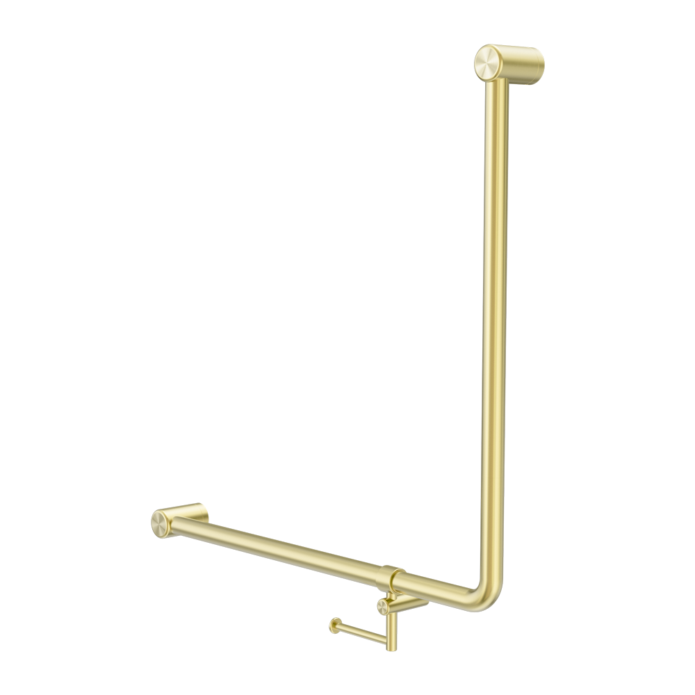 MECCA CARE 32MM 90 DEGREE BENT TUBE GRAB RAIL 750X750MM WITH TOILET ROLL HOLDER BRUSHED GOLD