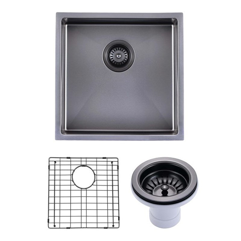 Round Corner Stainless Steel Gun Metal Grey PVD Coating Single Bowl Kitchen Sink(with Bottom Tray) 440*440*205mm