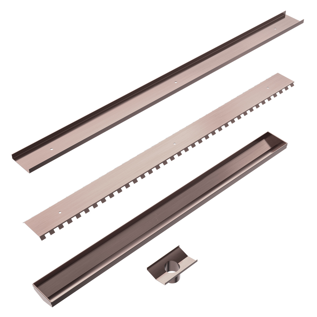 TILE INSERT V CHANNEL FLOOR GRATE 50MM OUTLET WITHOUT OUTLET AND HOLE SAW BRUSHED BRONZE