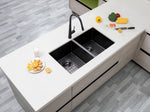 Load image into Gallery viewer, Round Corner Stainless Steel Gun Metal Grey PVD Coating Double Bowl Kitchen Sink(with Bottom Tray) 770*450*215mm

