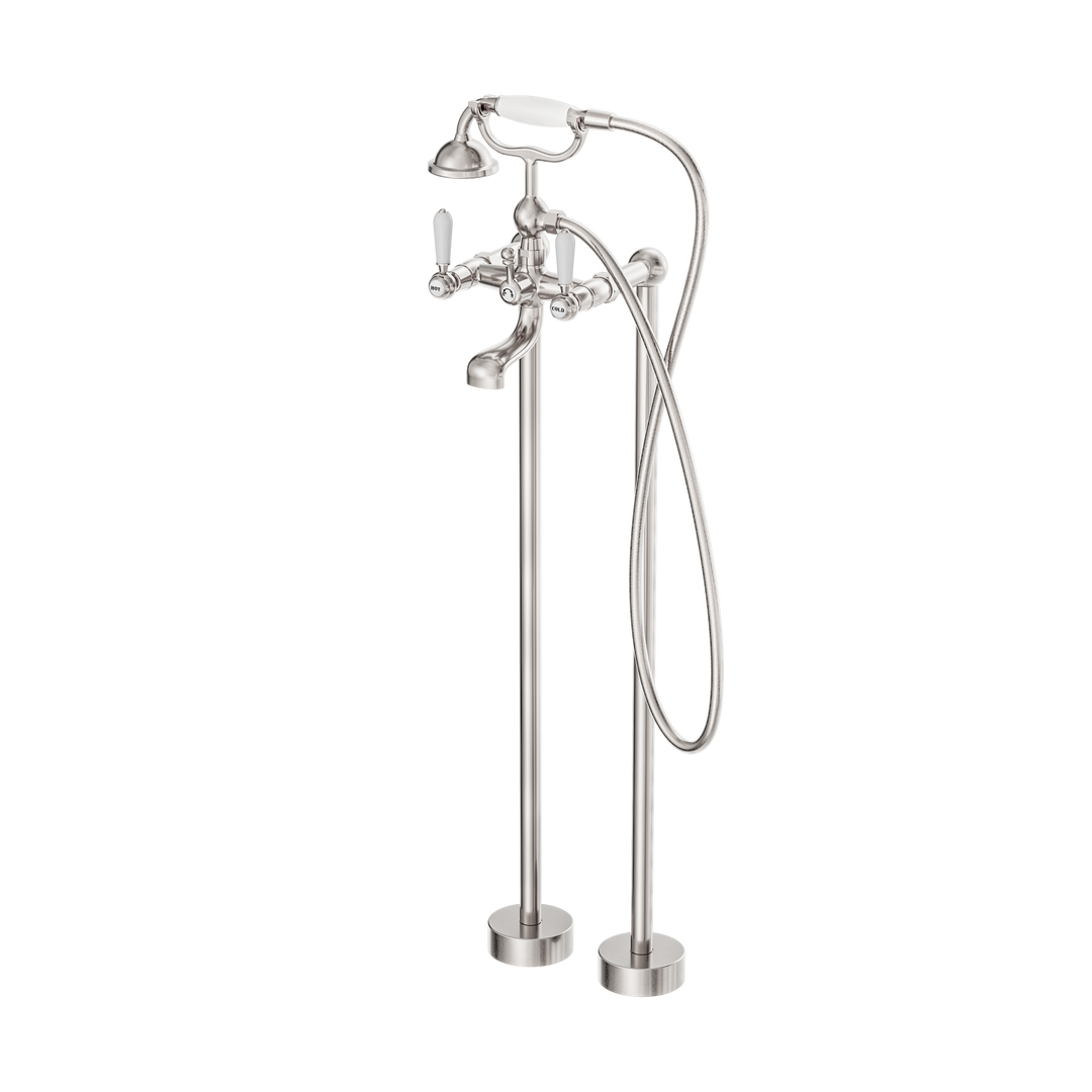 YORK FREESTANDING BATH SET WITH WHITE PORCELAIN HAND SHOWER BRUSHED NICKEL