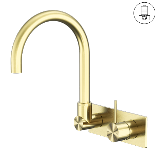 MECCA WALL BASIN/BATH MIXER SWIVEL SPOUT HANDLE UP BRUSHED GOLD