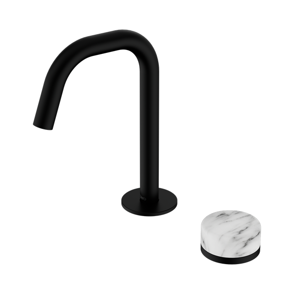 Serenity Progressive Basin Mixer Edge Spout With Arabescato Corchia Handle Matte Black