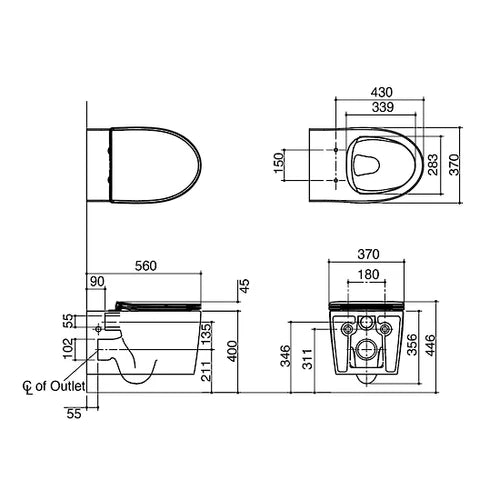 Grande Wall Hung Toilet with Englefield Bidet Seat Plus (Handheld Remote)