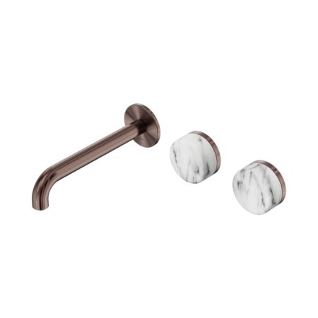 Serenity Wall Basin Set 160mm Offset Spout With Arabescato Corchia Handle Brushed Bronze
