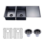 Load image into Gallery viewer, Round Corner Stainless Steel Gun Metal Grey PVD Coating Double Bowl with Drain Board Kitchen Sink(with Bottom Tray) 1160*460*230mm
