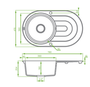 Laveo Dafne Grey Granite Single Bowl with Drain Board Stone Kitchen Sink 470*780*204mm(including Space Saving Siphon and Click-clack Plug)