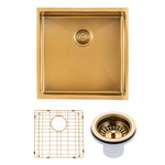 Load image into Gallery viewer, Round Corner Stainless Steel Brushed Brass PVD Coating Single Bowl Kitchen Sink(with Bottom Tray) 440*440*205mm
