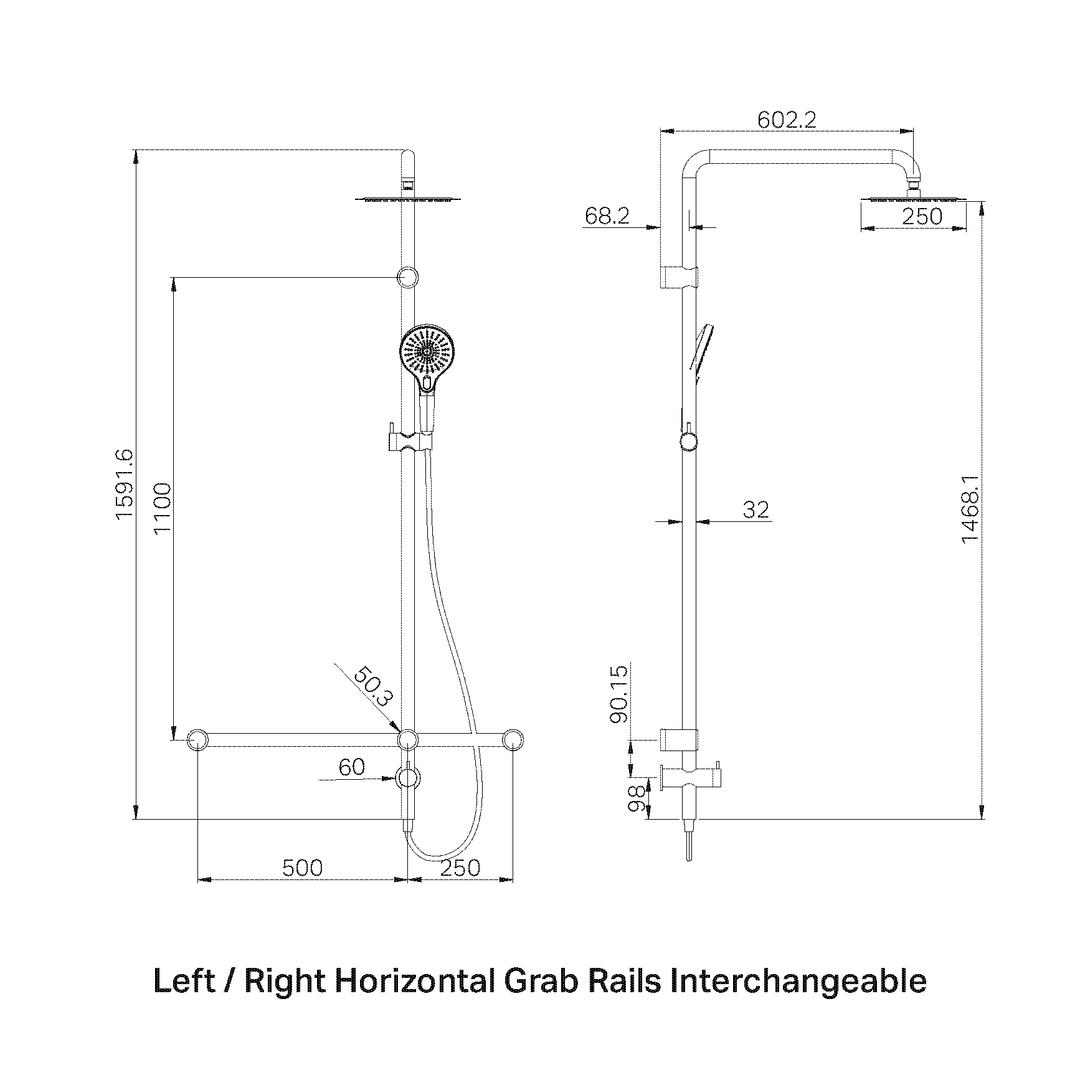 MECCA CARE 32MM T BAR GRAB RAIL 1100X750MM TWIN SHOWER SET BRUSHED NICKEL